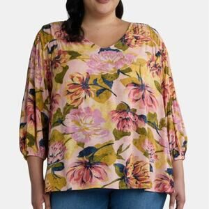 Terra & Sky Womens 0X 14W Plus Size Top Floral Summer Peasant Boho Viscose